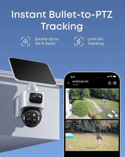 Two Camera Solar 4K Wireless Outdoor Security Kit with 360 Degree Coverage And Cross Cam Tracking shown installed on wall