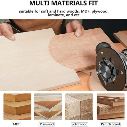 Spoilboard Surfacing Router Bit With Half Inch Shank Three And One Quarter Inch Cutting Diameter Five Wing Carbide Inserts attached to router cutting wood surfaces.