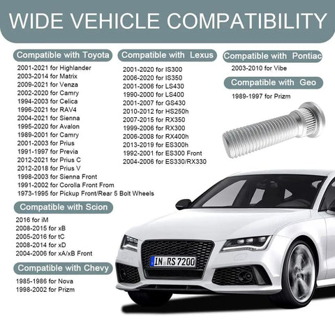 Five Piece Wheel Lug Bolts Kit, 49mm Long, M12x1.5 Steel Lug Bolts For Most Cars, compatible vehicle list and car image