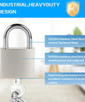 Close-up of stainless steel padlock with key, highlighting industrial heavy-duty design and rustproof features for door security.