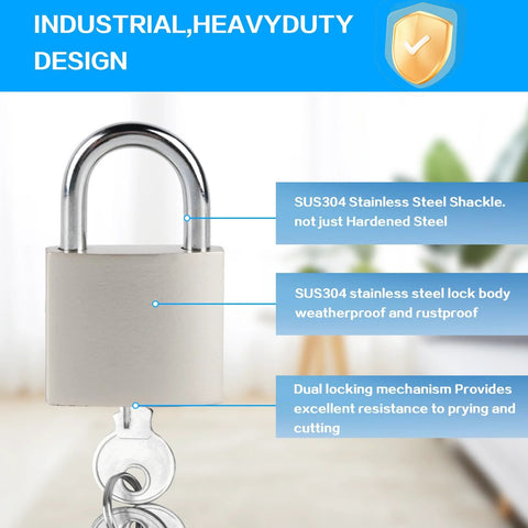 Close-up of stainless steel padlock with key, highlighting industrial heavy-duty design and rustproof features for door security.