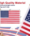 12 Pack Small American Flags 4x6 Inch Hand Held Stick Flags With Safety Spear Top for waving, showing size and features