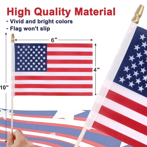 12 Pack Small American Flags 4x6 Inch Hand Held Stick Flags With Safety Spear Top for waving, showing size and features