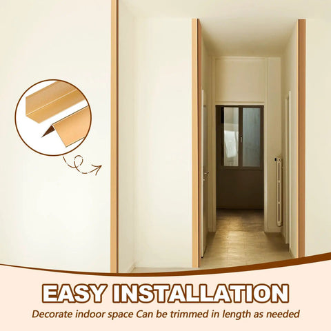Top Shelf 30 Pieces Aluminum Corner Guards With Sleek Gold Finish Rock Solid Wall Edge Protectors For Doors Cabinets And Baseboards Smooth Molding Trim To Level Up Any Room Fast, featuring easy installation in a hallway.
