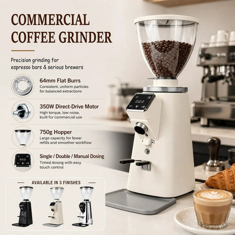 Kickass Sixty Four Millimeter Flat Burr Electric Coffee Grinder With Adjustable Portafilter Stand And Massive Seven Hundred Fifty Gram Hopper on countertop with coffee beans.