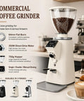 Top Rated Electric Flat Burr Coffee Grinder With Rapid Grind Selector For Espresso Portafilter large 750G hopper on kitchen countertop.