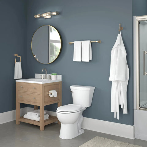 Bathroom with Dryden Wall Mounted Towel Hook In Champagne Bronze For Space Saving Bathroom Setup on blue wall near vanity and shower