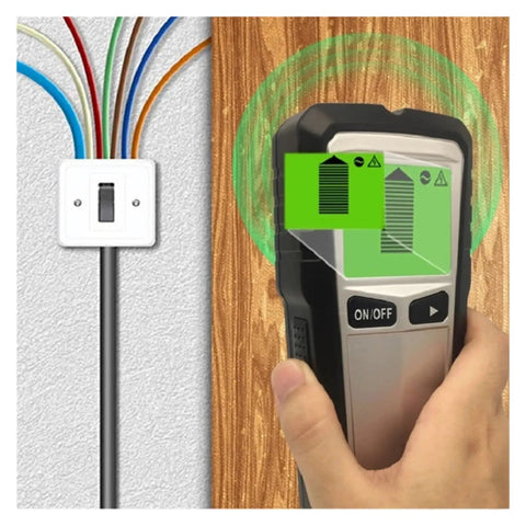 Hella Reliable 4 In 1 Wall Scanner Detector showing screen detecting wood behind drywall with wiring box nearby.