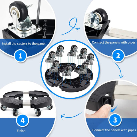 Assembly steps for Heavy Duty Plant Caddy with Wheels for Indoor Outdoor Use showing casters, panels, and connectors.