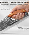 Hand holding Do It All Hand Forged Chef Knife And Cleaver Set With Carbon Steel Blades, ergonomic wood handle grip