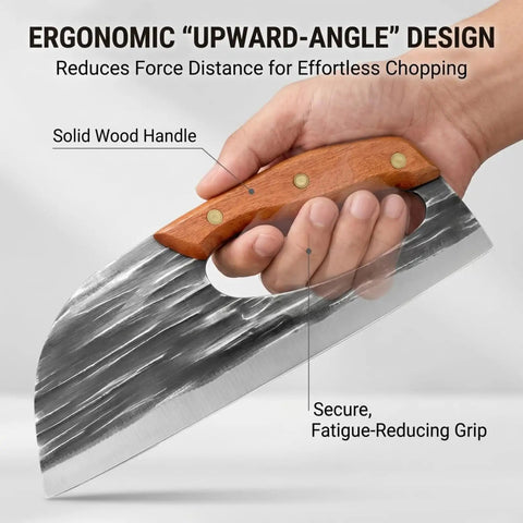 Hand holding Do It All Hand Forged Chef Knife And Cleaver Set With Carbon Steel Blades, ergonomic wood handle grip