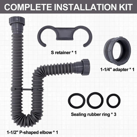 Expandable 1-1/2 Inch Sink Drain Kit with Flexible P-Trap, adapter, S retainer, and rubber rings for kitchen and bathroom sinks.