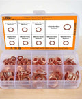 Badass Flat Copper Washers 200 Piece Kit in assorted M5-M14 sizes, organized in plastic case for oil seal repairs