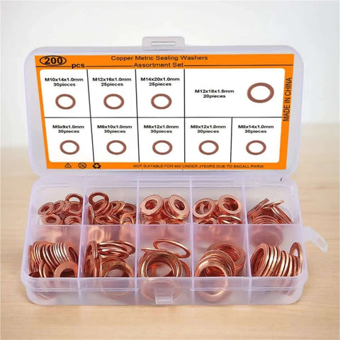 Badass Flat Copper Washers 200 Piece Kit in assorted M5-M14 sizes, organized in plastic case for oil seal repairs