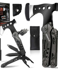 GrIANTUS 16-in-1 camping multitool with axe head and pliers, black with sheath
