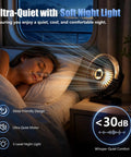 Rechargeable Magnetic Travel Fan With 12000mAh Battery And Power Bank Mode beside a sleeping person, showcasing soft night light function.