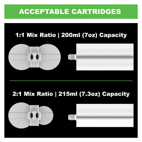 B-Line Manual Multi-Component Epoxy Adhesive Gun compatible cartridges; 1:1 and 2:1 mix ratio, 200ml and 215ml capacity shown