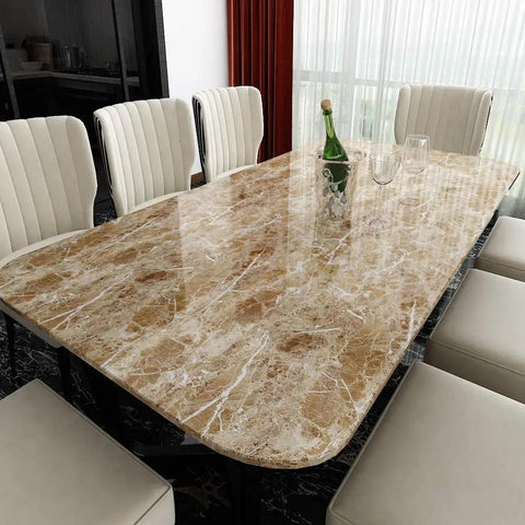Dining table with 36 Inch By 197 Inch Waterproof Marble Contact Paper Peel And Stick Self Adhesive Vinyl Wrap, brown finish.