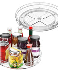 2 Pack Lazy Susan Turntable Organizer 9.5 Inch Spice Rack For Cabinet And Refrigerator, showcasing clear, non-slip rotating trays.