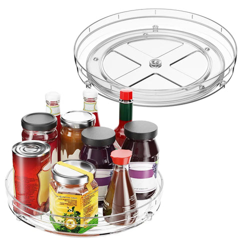 2 Pack Lazy Susan Turntable Organizer 9.5 Inch Spice Rack For Cabinet And Refrigerator, showcasing clear, non-slip rotating trays.