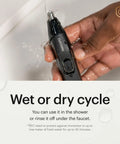 Weed Whacker 2.0 Nose And Ear Hair Trimmer With 7000 RPM Motor being rinsed under tap water, showcasing wet dry use capability.