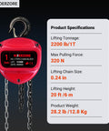 Beefed Up 1 Ton Hand Chain Hoist With 20 Ft Lift, 2200 Lb Capacity, shown with specifications chart.