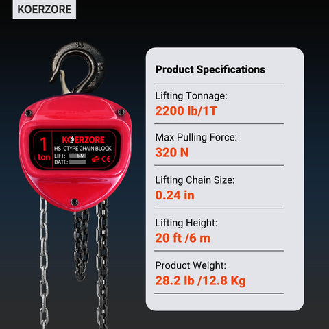 Beefed Up 1 Ton Hand Chain Hoist With 20 Ft Lift, 2200 Lb Capacity, shown with specifications chart.