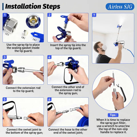 Installation steps for Pro Grade 3600 Psi Airless Paint Spray Gun Kit with hose and spray tips shown with hands.