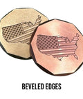Patriotic 3 Piece Golf Gift Set with American flag engraved copper and brass ball markers with beveled edges.