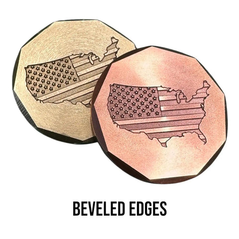 Patriotic 3 Piece Golf Gift Set with American flag engraved copper and brass ball markers with beveled edges.