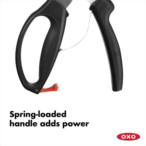 Spring Loaded Poultry Shears Workhorse Heavy Duty Kitchen Shears With Ergonomic Good Grips Safe Lock Curved Blades For Hard To Reach Places And Bone Notch For Stable Cutting Black, black handles