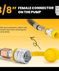 Close-up of 3/8 inch female connector on manual hydraulic pump, shown with yellow dust cap, for Hand Operated Hydraulic Pump for Lifting and Pressing, Manual Hydraulic Pump With 400cc Oil Capacity, High Pressure Up To 600 Kg Per Sq Cm, 13.4 Inch Length, 7.7 Lb Weight, ZG Three Eighths Thread Connector, 31 Inch Hose, Beefy Non Slip Handle.