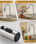 Smooth Operator Brushed Nickel Kitchen Faucet With Pull Down Sprayer Providing Three Versatile Flow Settings And A Flexible Swivel Spout For No Sweat Cleaning with spray settings.