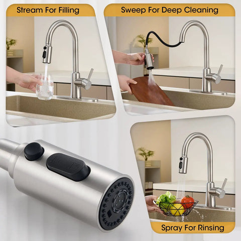Smooth Operator Brushed Nickel Kitchen Faucet With Pull Down Sprayer Providing Three Versatile Flow Settings And A Flexible Swivel Spout For No Sweat Cleaning with spray settings.