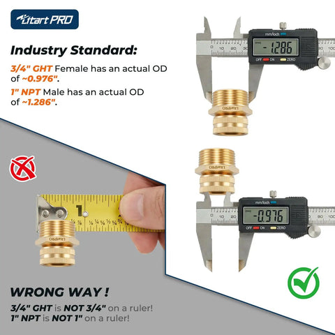Brass Swivel Hose Adapter Three Quarter Inch GHT Female To One Inch NPT Male For Garden Hoses And Pipe Threaded Systems Lead Free Durable Brass Leak Free Connection One Piece measured with caliper