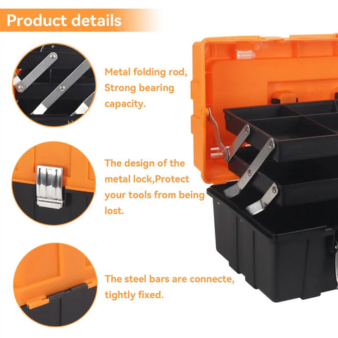 16.5 Inch Three Layer Folding Tool Box Organizer With Portable Handle, plastic storage toolbox with divided compartments shown open