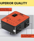 Front view of orange Ortis Automatic Vacuum Switch with two standard outlets and an on/off switch