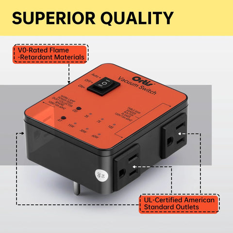 Front view of orange Ortis Automatic Vacuum Switch with two standard outlets and an on/off switch