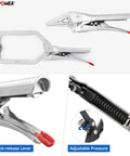 Self Adjusting Locking Pliers Set Knobs Free Squeeze And Go Grip Heavy Duty C Clamp Vise Tool showing quick-release lever and adjustable pressure.