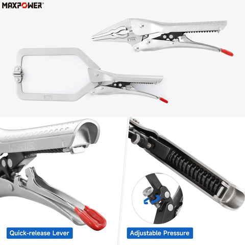 Self Adjusting Locking Pliers Set Knobs Free Squeeze And Go Grip Heavy Duty C Clamp Vise Tool showing quick-release lever and adjustable pressure.