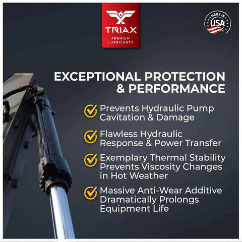 Powerflow AW 68 Multi-Viscosity Hydraulic Oil With 6,000 Hour Extended Life features and industrial machinery use illustration