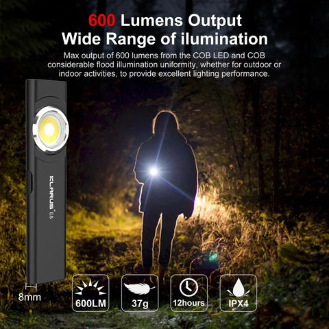 Pocket EDC Dual Light Flashlight With Rechargeable USB C 600 Lumen Output illuminating a dark forest path
