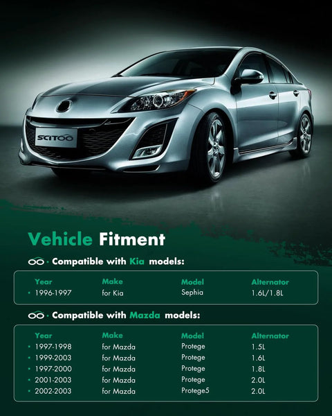 Mazda sedan showcasing compatibility chart for alternators, highlighting models fit for 1999-2003 Mazda Protege 1.8L 2.0L