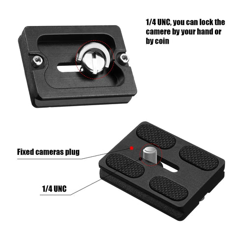 Two Pack Aluminum Quick Release Plates With One Quarter Twenty Camera Screws For DSLR Tripod Mounts, close-up view