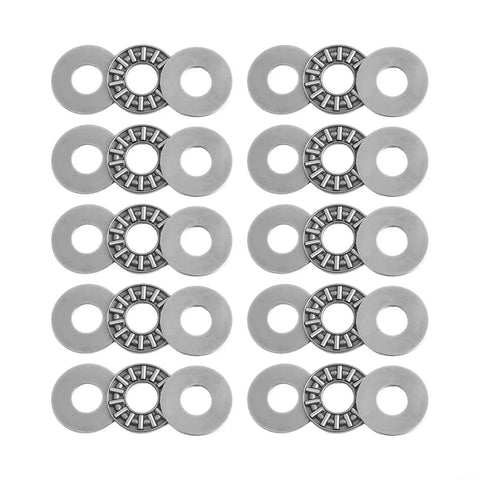 AXK1024 Needle Roller Thrust Bearing Kit Comes With 10 Precision Bearings Plus 20 Hardened Washers laid out on white