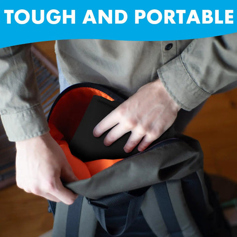 Person placing Anti Slip Sustain Pedal Mat For Digital Pianos, 4 Inch By 12 Inch Foot Pad into backpack, showcasing portability.