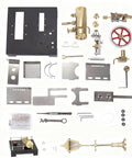 Parts of Mini Steam Engine Kit 2 In 1 Beam Engine With Boiler And Lamp Scene DIY Full Metal Build on white background