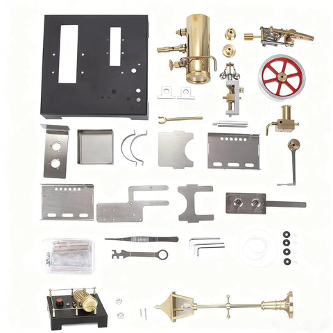 Parts of Mini Steam Engine Kit 2 In 1 Beam Engine With Boiler And Lamp Scene DIY Full Metal Build on white background