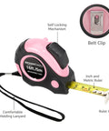 Pink Retractable Tape Measure 16 ft with dual metric and SAE readouts, 3/4 inch blade, belt clip, lanyard, and rugged case