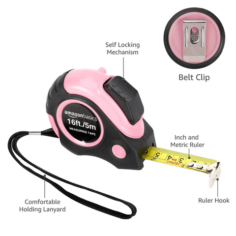 Pink Retractable Tape Measure 16 ft with dual metric and SAE readouts, 3/4 inch blade, belt clip, lanyard, and rugged case
